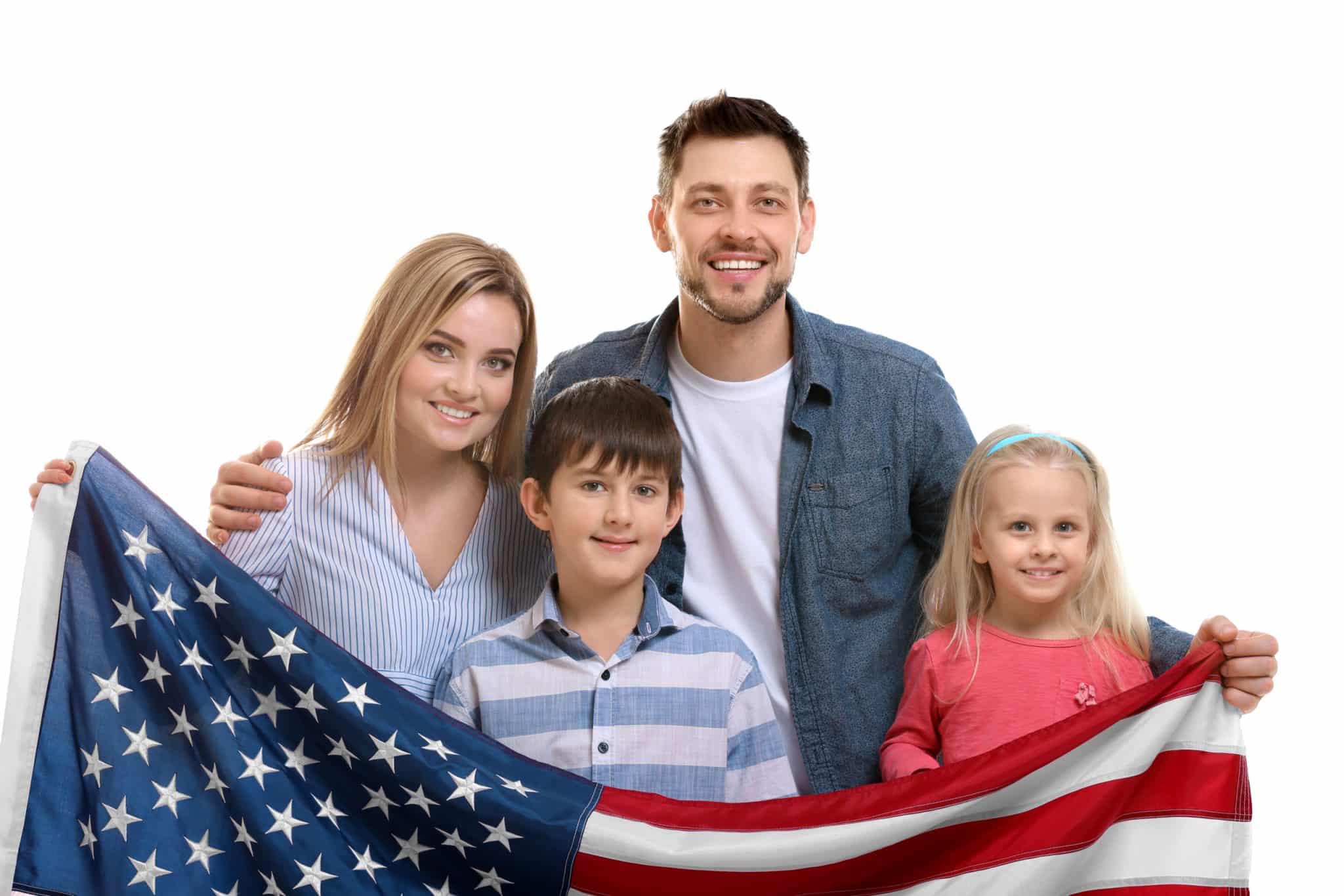 Happy family with American flag on white background us constitution for kids